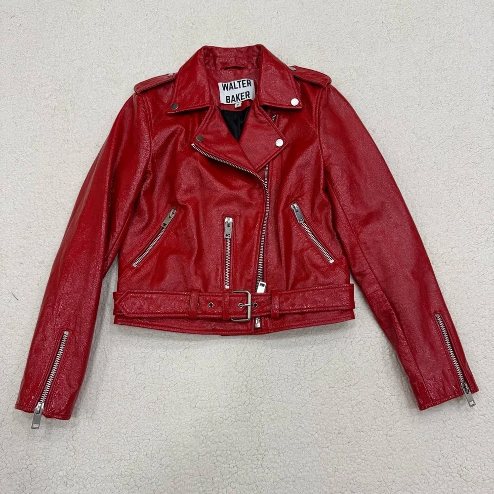 Walter Baker $748 100% Lamb Leather Jacket Moto Red Size Small Like New - Picture 5 of 13